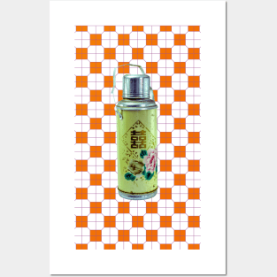 Vintage Thermos Green with Orange Tile Pattern - Retro Hong Kong Posters and Art